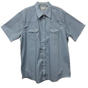 Wrangler Men’s 2XT Tall Western Shirt Blue Geometric Print Short Sleeve Snap